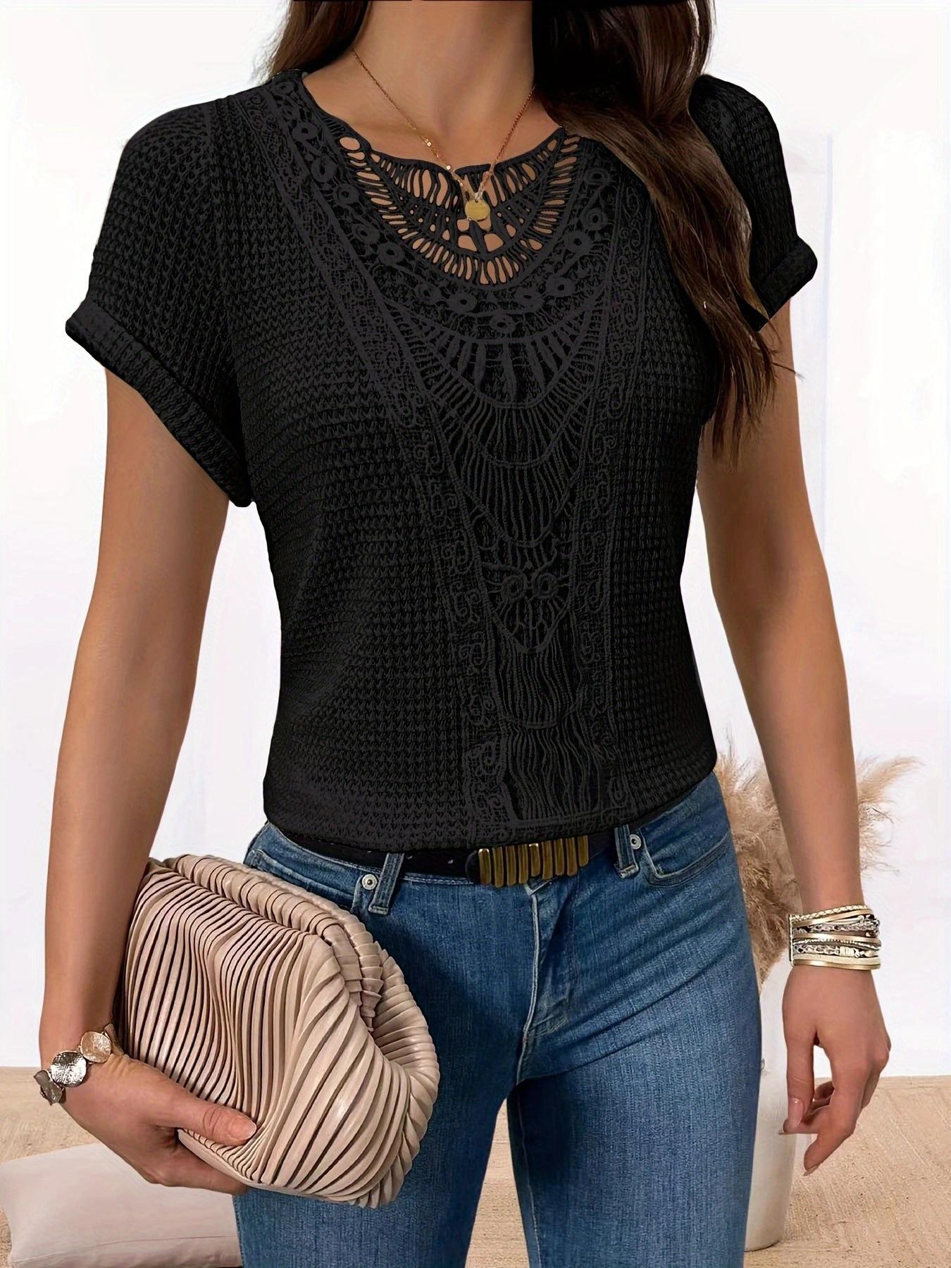 2024 Popular Women's Short Sleeve Hollow Lace Stitching Shirt Trendy Fashion Top for All Seasons