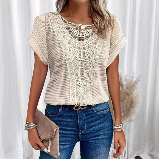 2024 Popular Women's Short Sleeve Hollow Lace Stitching Shirt Trendy Fashion Top for All Seasons